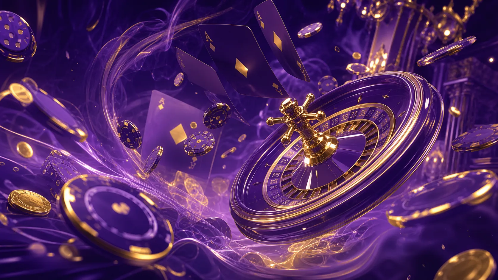 Luxurious casino-themed banner featuring dynamic poker chips, playing cards, and glowing roulette wheel in isometric 3D rende